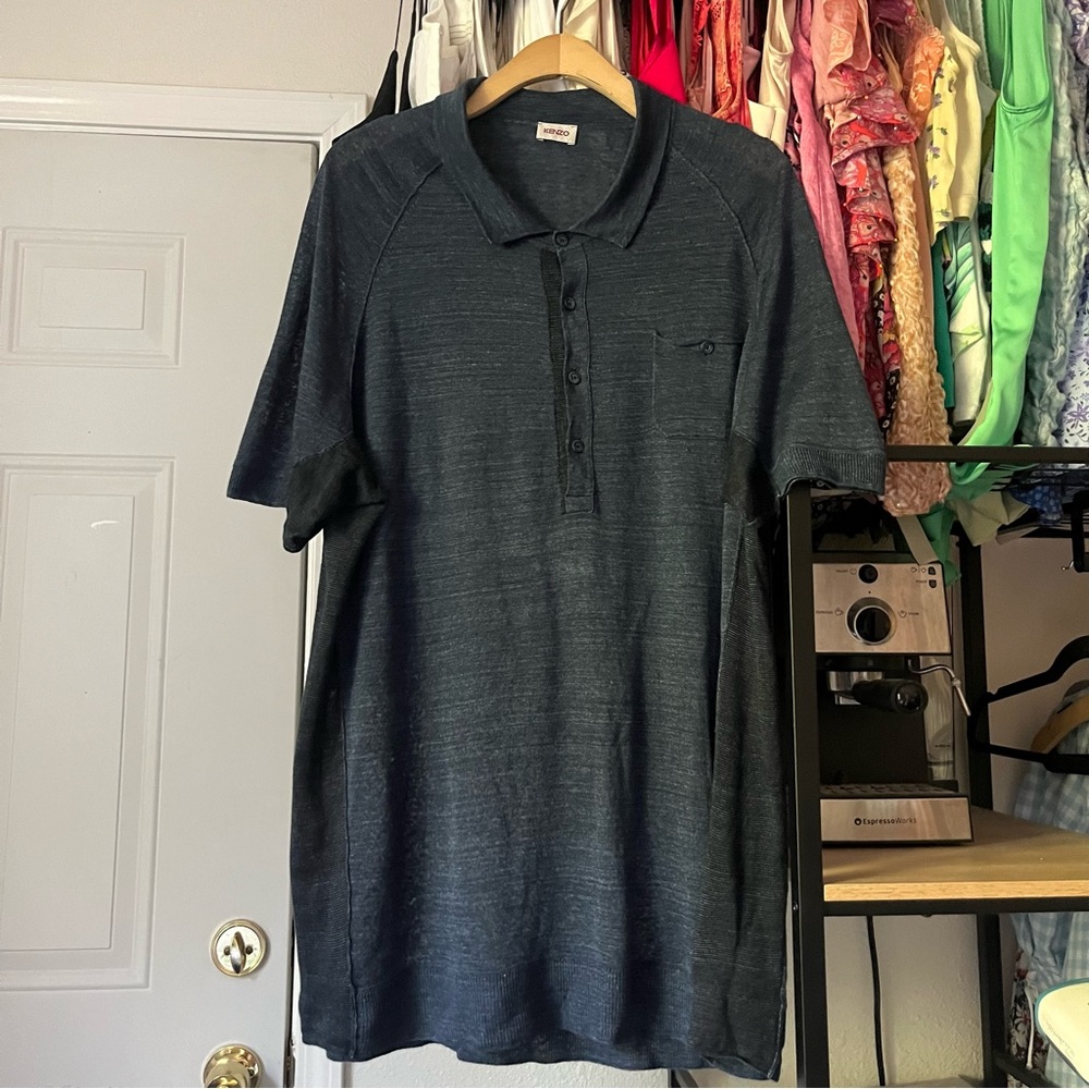 KENZO‎ vintage dark navy black semi sheer short sleeve knit polo shirt